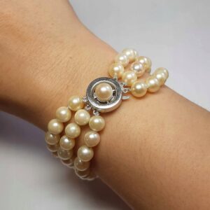Bransoletka z perłami 3 rzędy, perły słonowodne w ciepłym odc. srebro 0,835