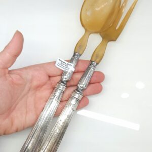 Zestaw długa łyżka i widelec z rogu do serwowania srebro 0,800 środek stołu