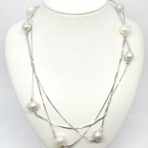 Srebrny potrójny naszyjnik z perłami hodowanymi, srebro 0,925 obw. 45cm