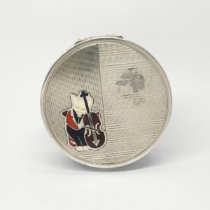 Srebrne puzderko, pigularz z kotem, srebro pr. 0,835 gilosz, emalia